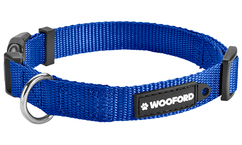 Blaues verstellbares Hundehalsband, robuster silberner D-Ring aus Metall, bequem und langlebig aus leichtem Nylon.