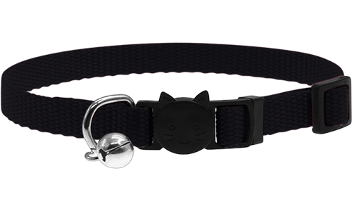 Verstellbares Sicherheits-Katzenhalsband in Schwarz, leicht, mit Sicherheitsverschluss im Katzendesign und kleinem Glöckchen.