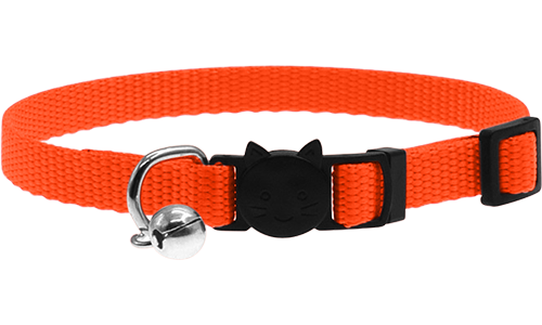 Verstellbares Sicherheits-Katzenhalsband in Orange, leicht, mit Sicherheitsverschluss im Katzendesign und kleinem Glöckchen.
