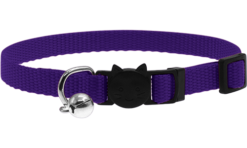 Verstellbares Sicherheits-Katzenhalsband in Lila, leicht, mit Sicherheitsverschluss im Katzendesign und kleinem Glöckchen.