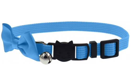Helles blaues Katzenhalsband mit Bogen und Sicherheitsverschluss, verstellbar, leicht, mit Glöckchen für Sicherheit.