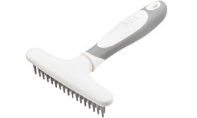 Hundeunterwolle-Rechen Hund-Unterfell-Striegel mit 32 Metallstiften und weißem ergonomischen Griff, entfernt überschüssiges Fell.