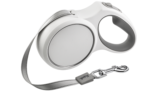 Weiße einziehbare Hundeleine mit ergonomischem grauem Griff, bis 5 Meter, mit robustem Clip für sicheren Halt.