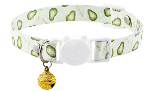 Abnehmbares Katzenhalsband mit Kiwi-Muster, verstellbar und leicht für Komfort, mit weißer Schnalle und goldener Glocke.