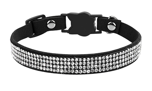 Luxuriöses schwarzes Katzenhalsband mit Kristallen, verstellbar, mit katzenförmigem Verschluss und Glöckchen.