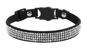 Luxuriöses Breakaway Katzenhalsband mit Kristallen Luxuriöses schwarzes Katzenhalsband mit Kristallen, verstellbar, mit katzenförmigem Verschluss und Glöckchen.