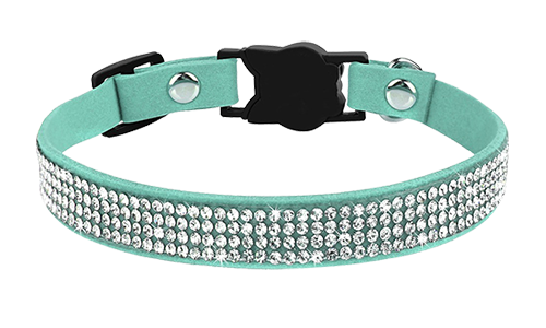 Luxuriöses türkisfarbenes Katzenhalsband mit Kristallen, verstellbar, mit katzenförmigem Verschluss und silbernem Glöckchen.
