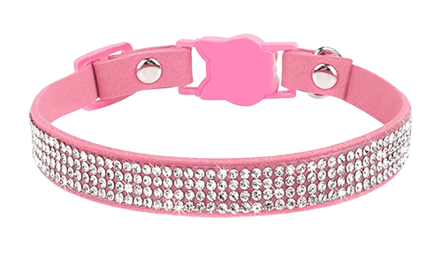 Luxuriöses pinkes Katzenhalsband mit Kristallen, verstellbar, mit katzenförmigem Verschluss und Glöckchen.