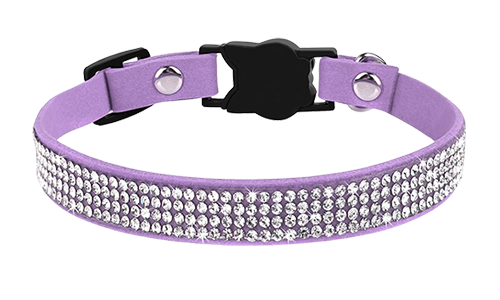 Luxuriöses lila Katzenhalsband mit Kristallen, verstellbar, mit katzenförmigem Verschluss und lila Glöckchen.