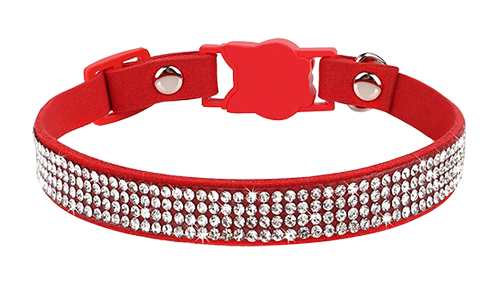 Luxuriöses rotes Katzenhalsband mit Kristallen, verstellbar, mit katzenförmigem Verschluss und Glöckchen.