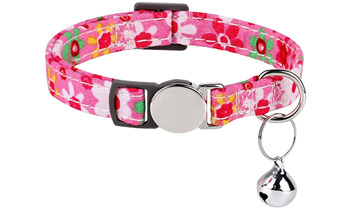 Rotes blumengeprägtes Katzenhalsband mit Metallverschluss, verstellbar und leicht für Komfort, mit Silberglöckchen.