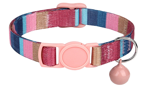 Gestreiftes pinkes Katzenhalsband, verstellbar und leicht, mit passendem pinkem Verschluss und Glöckchen.