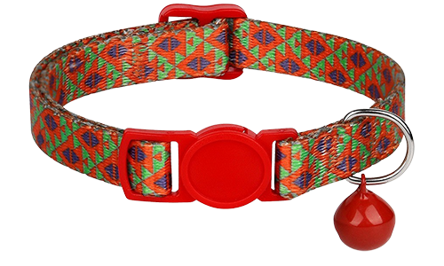 Lebendiges geometrisches Katzenhalsband in rot, verstellbar und leicht, mit passendem rotem Verschluss und Glöckchen.