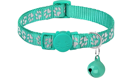 Türkises Katzenhalsband mit Pfotenmuster, verstellbar und leicht für Komfort, reflektierend mit passendem Glöckchen.