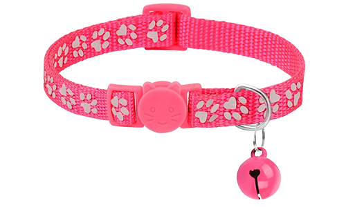 Rosa Katzenhalsband mit Pfotenmuster, verstellbar und leicht für Komfort, Sicherheitsverschluss mit passendem Glöckchen.