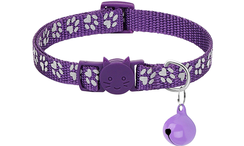 Lila Katzenhalsband mit Pfotenmuster, verstellbar und leicht für Komfort, Sicherheitsverschluss mit passendem Glöckchen.