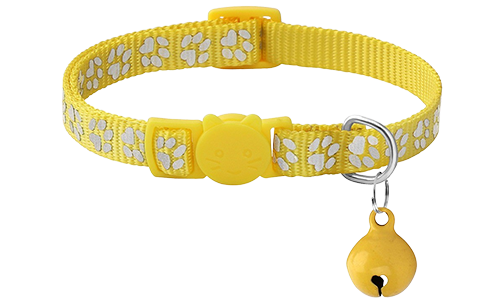 Gelbes Katzenhalsband mit Pfotenmuster, verstellbar und leicht für Komfort, Sicherheitsverschluss mit passendem Glöckchen.