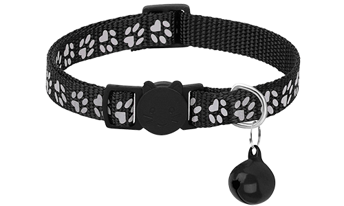 Schwarzes Katzenhalsband mit Pfotenmuster, verstellbar und leicht für Komfort, Sicherheitsverschluss mit passendem Glöckchen.