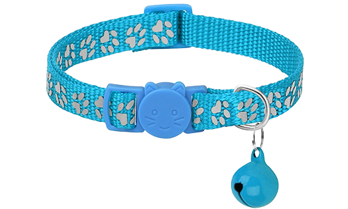 Helles blaues Katzenhalsband mit Pfotenmuster, verstellbar, Sicherheitsverschluss, passendes Glöckchen.