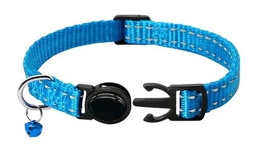 Reflektierendes blaues Katzenhalsband mit Sicherheitsverschluss, verstellbar 21-34 cm, reflektierendes Nylon.