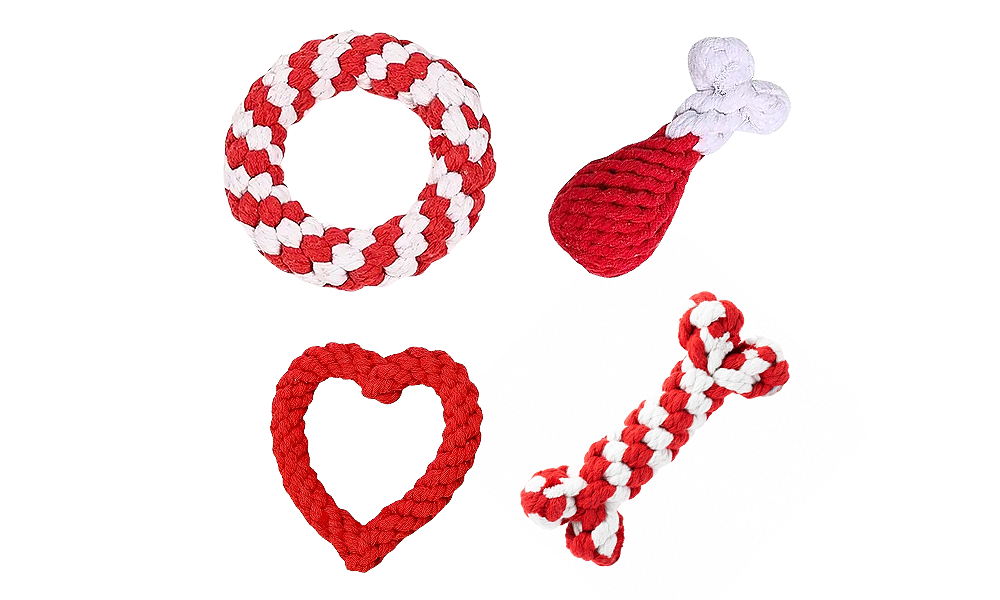 Seil Hundespielzeug Set - 4 Stück Set aus vier roten und weißen Seil-Hundespielzeugen, inklusive Ring, Drumstick, Herz und Knochen, für interaktives Spielen.