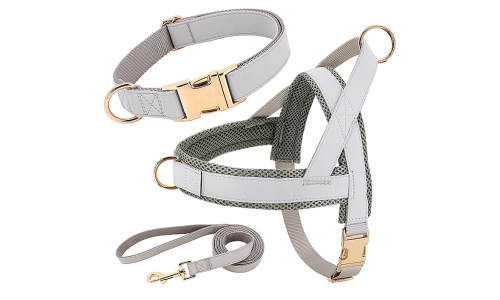 Silbernes Hundegeschirr-Set mit passendem Halsband und Leine, leicht, langlebig und robust, bequeme und sichere Passform.