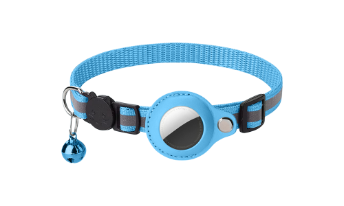 Reflektierendes blaues Katzenhalsband mit AirTag-Halter, verstellbar und leicht für Komfort, mit blauem Glöckchen.