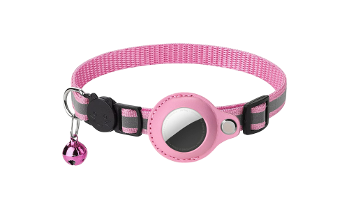 Reflektierendes pinkes Katzenhalsband mit AirTag-Halter, verstellbar und leicht für Komfort, mit pinkem Glöckchen.