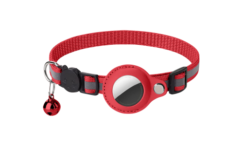 Reflektierendes rotes Katzenhalsband mit AirTag-Halter, verstellbar und leicht für Komfort, mit rotem Glöckchen.