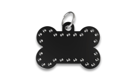 Hundemarke Knochen Luxus Schwarze Luxus-Hundemarke in Knochenform mit Strasssteinen und silbernem Ring, personalisierbar mit graviertem Namen.
