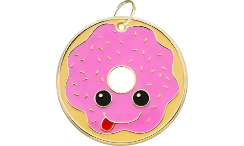 Donut-förmige Hundemarke mit lächelndem Gesicht und goldenem Ring, personalisierbar mit graviertem Hundename.