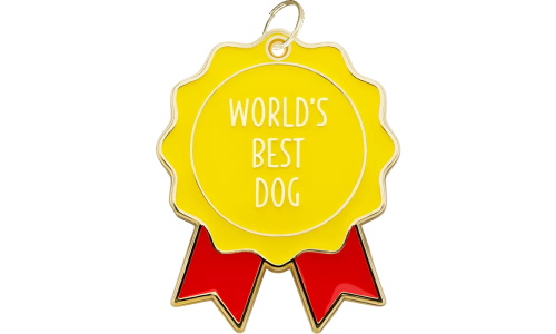 „World’s Best Dog“-Hundemarke mit roten Bändern und lebendigem Design, ideal zur Feier der Persönlichkeit Ihres Hundes.