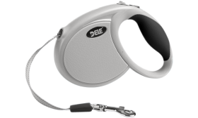 Einziehbare Hundeleine Graue ausziehbare Hundeleine mit ergonomischem schwarzen Griff, weichem Griff und Metallclip für sicheren Halt.