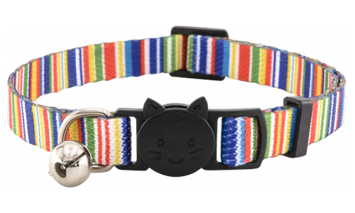 Bunt gestreiftes Sicherheits-Katzenhalsband mit Glöckchen, verstellbar, leicht, designed für Sicherheit und Stil.
