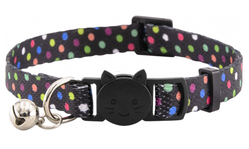 Schwarzes Sicherheits-Katzenhalsband mit Punkten und Glöckchen, verstellbar, leicht, sicher und stilvoll.