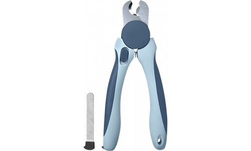 Blaue Hundekrallen-Schneider mit ergonomischen Griffen, Sicherheitsbügel und Metallfeile, geeignet für Hunde und Katzen.