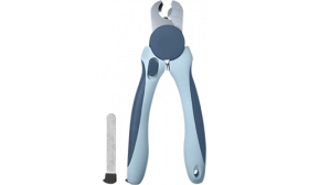 Krallenschere für Haustiere Blaue Hundekrallen-Schneider mit ergonomischen Griffen, Sicherheitsbügel und Metallfeile, geeignet für Hunde und Katzen.