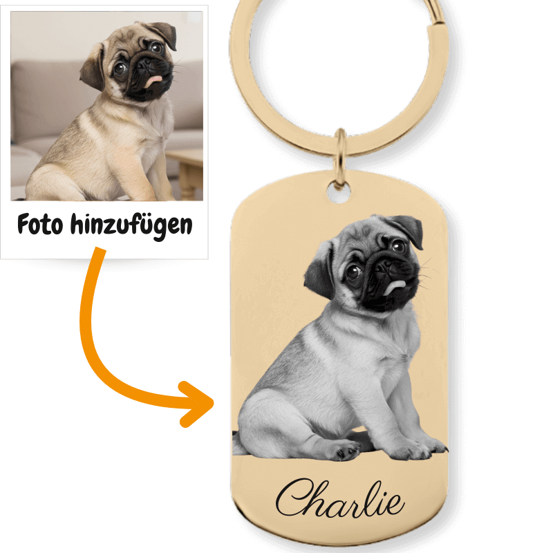 Personalisierter Hund Schlüsselanhänger mit eingraviertem Foto und Namen deines Haustieres